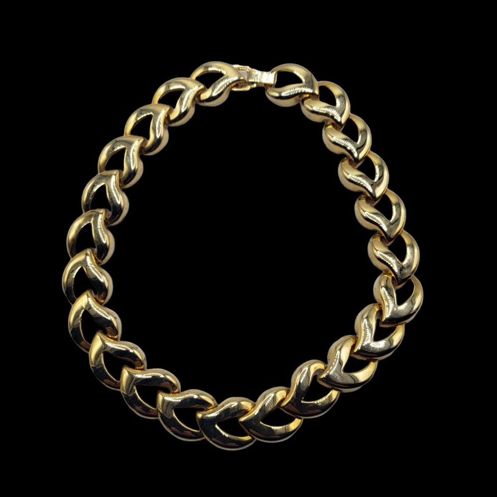 STATEMENT Chunky Chain Link Necklace Collar Length Gold Tone Retro Heart Leaf - Picture 3 of 6
